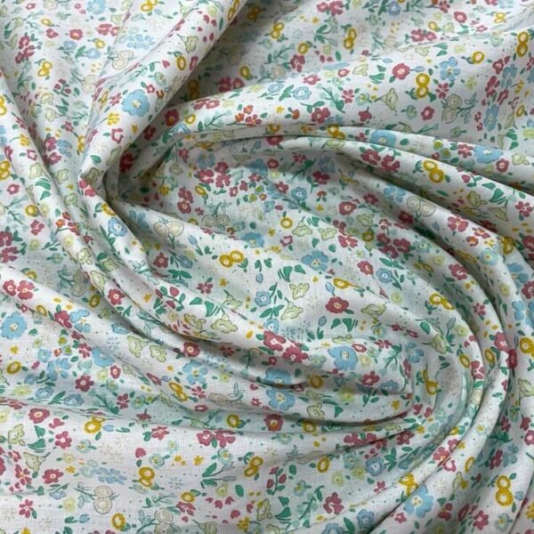 Coupon 3m Coton blanc fleurs jaune vert rose