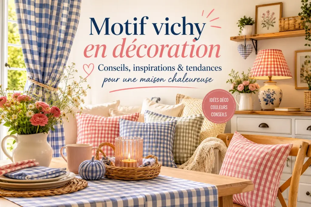 Salon chaleureux décoré avec rideaux, coussins et nappe à motif vichy rouge et blanc