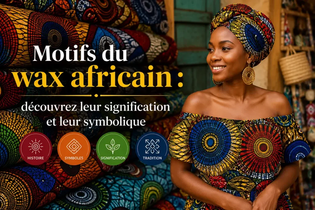 Femme portant une tenue en wax africain devant des rouleaux de tissus colorés illustrant les motifs du wax africain, leur signification culturelle et leur symbolique traditionnelle