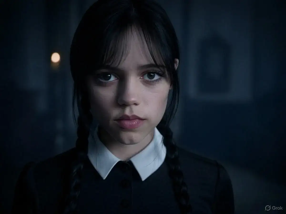 cosplay de mercredi Addams avec son costume noir et son col blanc.