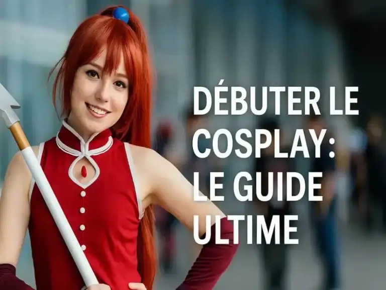 Cosplayeuse souriante en costume rouge tenant une lance, avec le titre "Débuter le cosplay : le guide ultime" sur fond flou de convention.