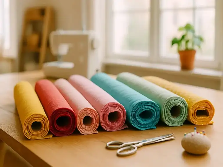Rouleaux de tissu cretonne colorés sur une table de couture en bois, illustrant des projets DIY et des créations en couture et déco.
