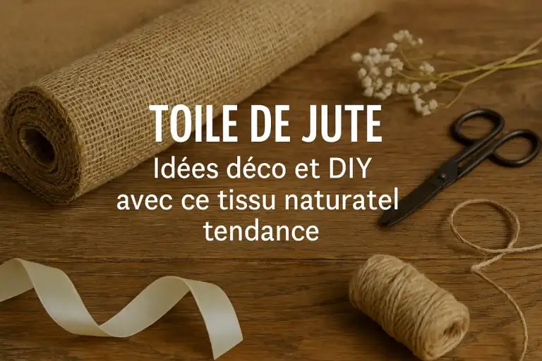 Photo d’une toile de jute sur une table en bois, accompagnée d’accessoires DIY comme des ciseaux, de la ficelle et des fleurs séchées, avec une ambiance naturelle et chaleureuse. Parfait pour des projets déco et écoresponsables.
