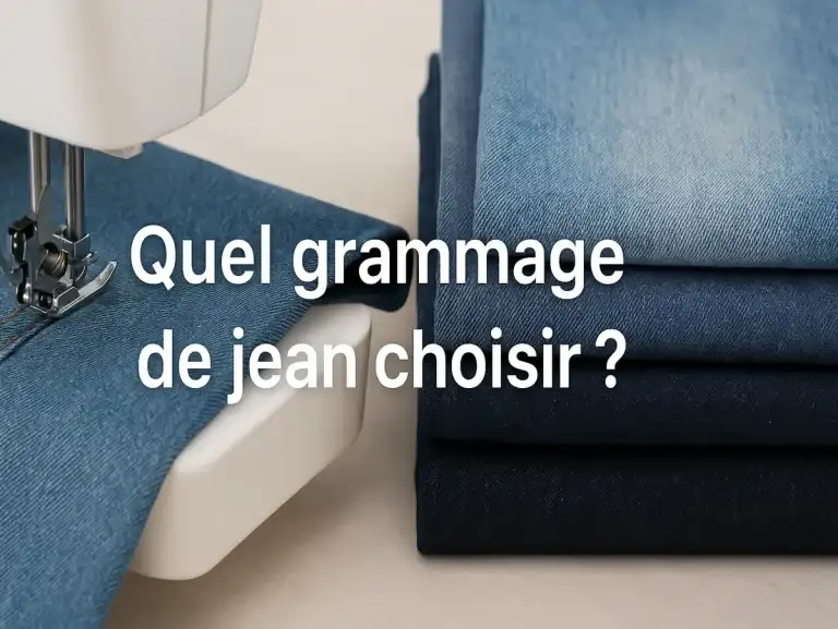 Machine à coudre avec tissu jean en cours de couture, grammages différents en arrière-plan, texte 'Quel grammage de jean choisir ?
