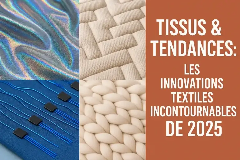 Présentation visuelle de l'article de blog "Tissus & Tendances : Les Innovations Textiles Incontournables de 2025", avec des échantillons de tissus innovants et un fond terracotta moderne.