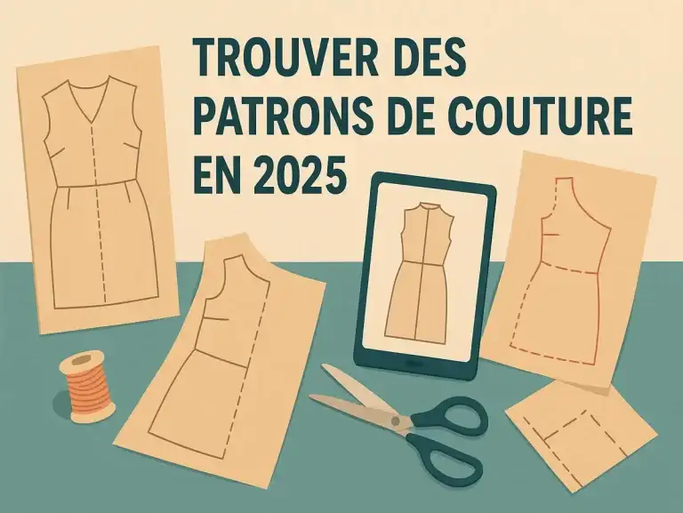 Illustration de patrons de couture en 2025 avec ciseaux, tablette et bobine de fil, pour un article de blog sur la recherche de patrons modernes.