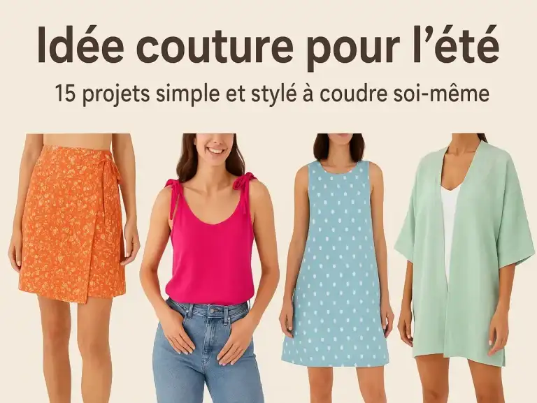 Idée couture pour l'été : jupe portefeuille orange, top à bretelles rose fuchsia, robe trapèze bleue à pois et kimono vert pâle – 15 projets simples à coudre soi-même.