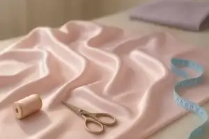 Tissu satin pastel drapé sur une table d’atelier de couture, reflets doux et lumineux, ambiance élégante et raffinée