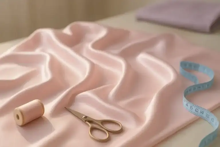 Tissu satin pastel drapé sur une table d’atelier de couture, reflets doux et lumineux, ambiance élégante et raffinée