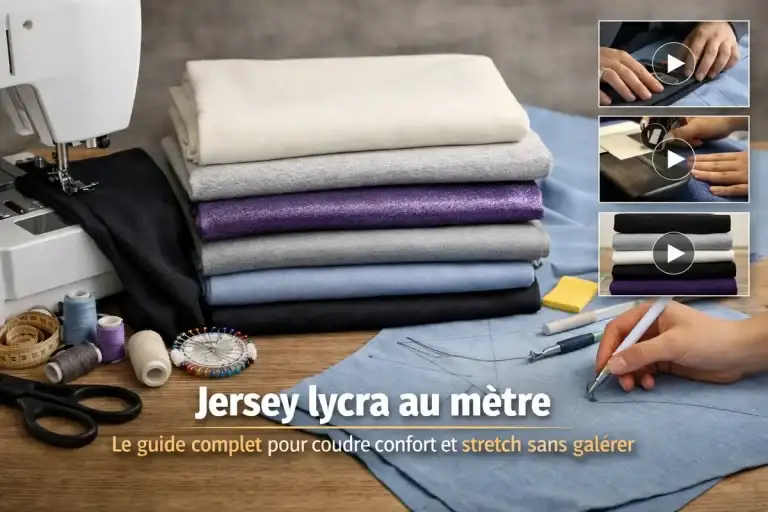 Photo horizontale d’un atelier couture avec machine à coudre, piles de tissus jersey et lycra, patron et accessoires, pour illustrer un guide sur le jersey lycra au mètre.