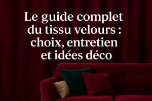 Canapé en velours bordeaux avec coussins en velours vert et doré devant un rideau assorti, illustrant le guide complet du tissu velours.