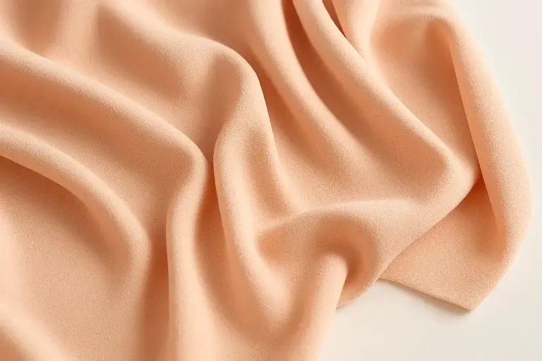 Photo éditoriale de tissu crêpe drapé en plis fluides, montrant sa texture grainée et son tombé élégant.