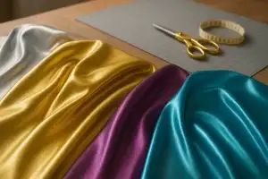 Tissu lamé brillant dans un atelier de couture, reflets dorés et argentés sur une table de travail éclairée, ambiance élégante et créative