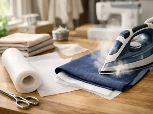Utilisation du tissu thermocollant en couture avec fer à repasser, entoilage et tissu sur table de travail dans un atelier couture.