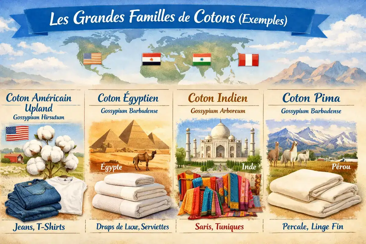 illustration montrant les grandes famille de cotons, popeline, jean, percale