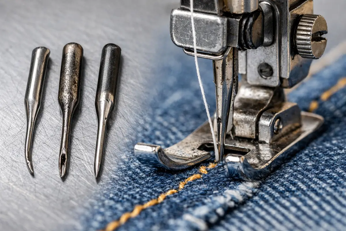 Aiguille de machine à coudre usée ou mal positionnée sur un tissu épais