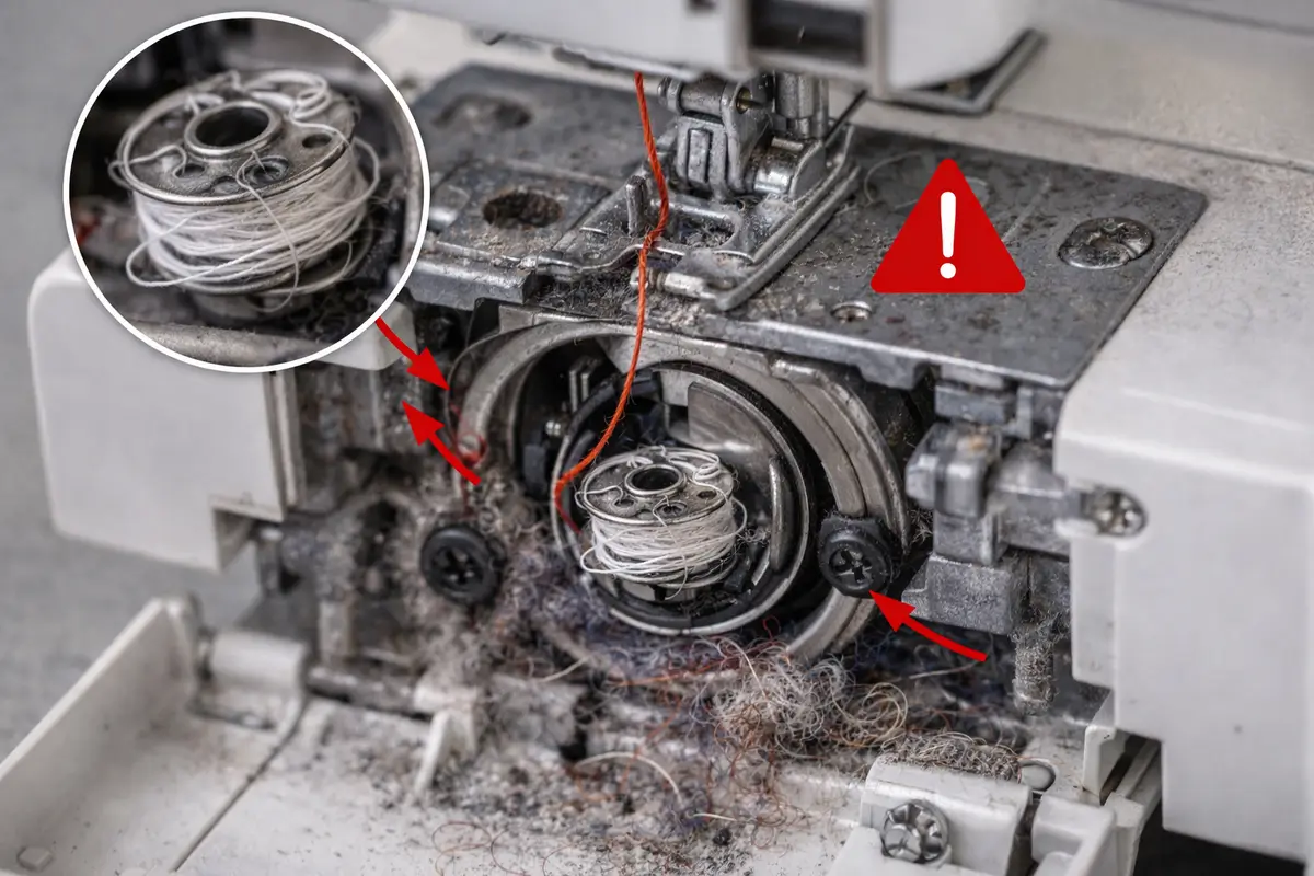 Zone canette à nettoyer avec résidus de fil dans une machine à coudre