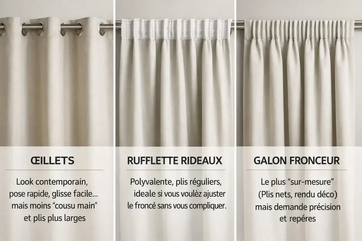 Comparatif des finitions de rideaux : œillets, ruflette et galon fronceur pour choisir la meilleure tête de rideau selon votre usage