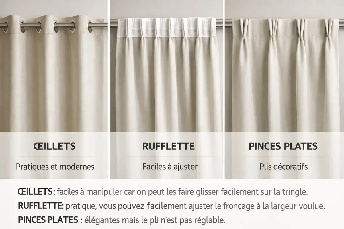 Image comparative horizontale montrant trois têtes de rideaux : œillets au style contemporain, ruflette rideaux avec plis réguliers et galon fronceur au rendu sur-mesure.