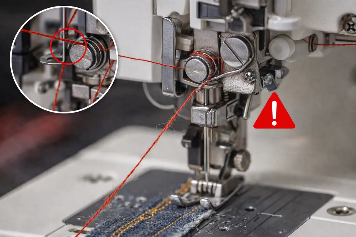 Fil supérieur mal placé dans le circuit d’enfilage d’une machine à coudre