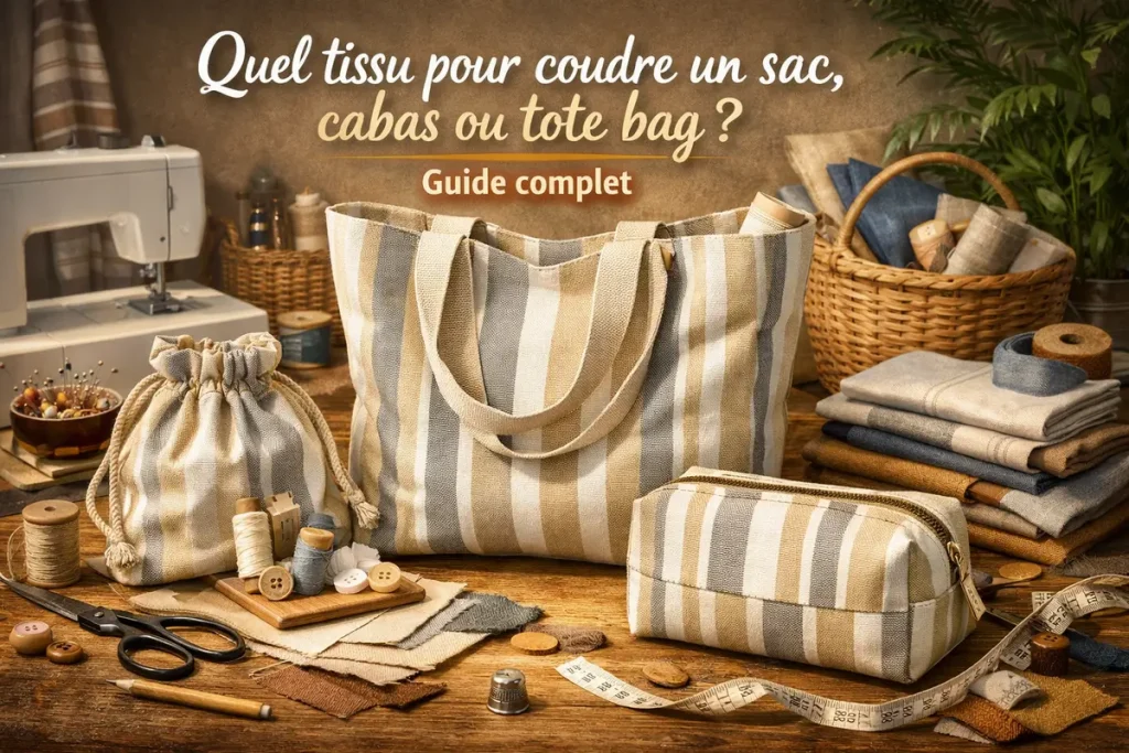 Image hero horizontale montrant des sacs cousus en tissu rayé beige type bâche de store jacquard, avec accessoires de couture, pour illustrer un guide sur le choix du tissu pour coudre un sac, un cabas ou un tote bag.