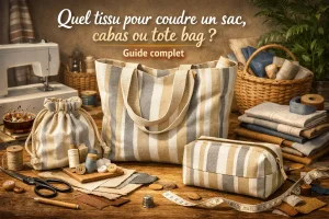 Image hero horizontale montrant des sacs cousus en tissu rayé beige type bâche de store jacquard, avec accessoires de couture, pour illustrer un guide sur le choix du tissu pour coudre un sac, un cabas ou un tote bag.