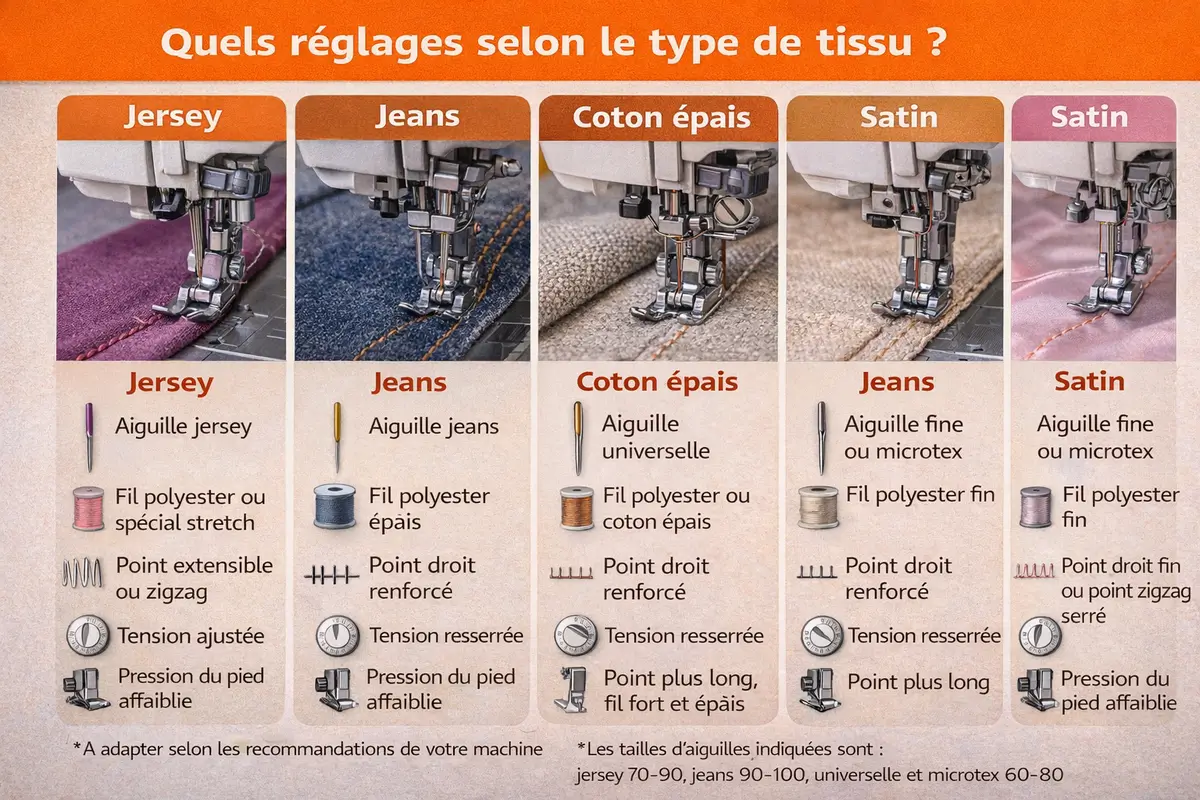 Infographie des réglages recommandés selon le type de tissu en couture