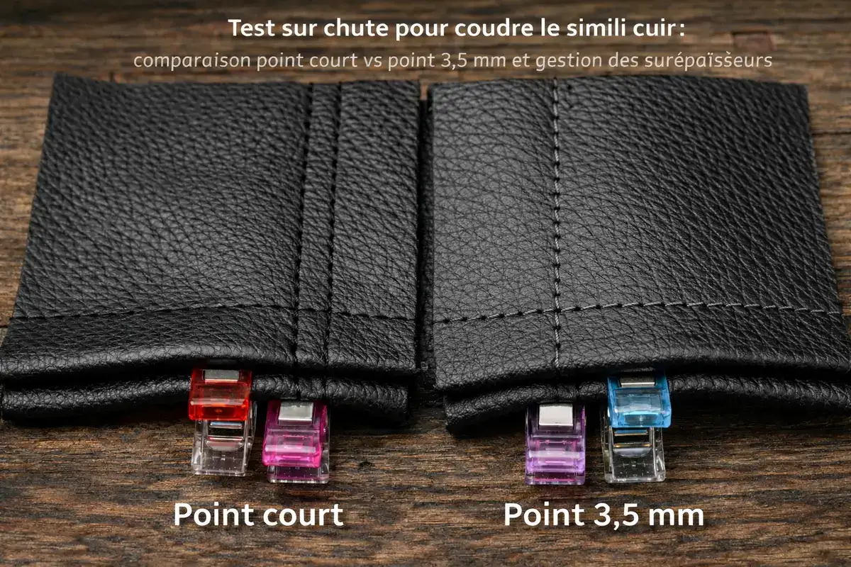 Comparaison de couture sur une chute de simili cuir avec point court et point 3,5 mm pour visualiser la différence de longueur de point et la gestion des surépaisseurs