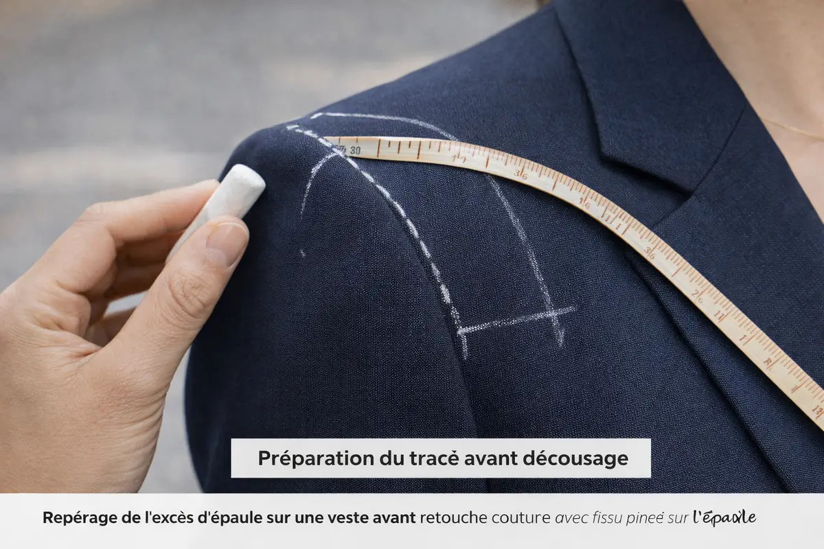 tracé à la craie de la nouvelle ligne d’épaule sur une veste posée à plat