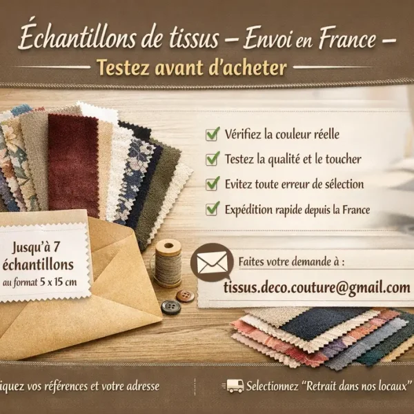 Image promotionnelle pour la demande d’échantillons de tissus en France. Titre : "Échantillons de tissus – Envoi en France – Testez avant d’acheter". Visuels de petits morceaux de tissu (5x15 cm), enveloppe, fil, boutons, et checklist des avantages : vérifier la couleur, tester la qualité, éviter les erreurs, expédition rapide. Adresse email visible pour faire la demande : tissus.deco.couture@gmail.com.