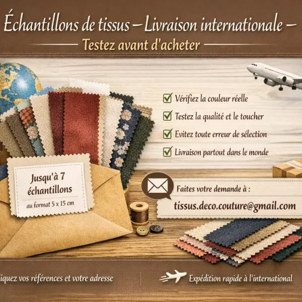 Image promotionnelle pour la demande d’échantillons de tissus avec livraison internationale. Titre : "Échantillons de tissus – Livraison internationale – Testez avant d’acheter". Visuels de petits morceaux de tissu (5x15 cm), enveloppe, globe terrestre, avion miniature, et checklist des avantages : vérifier la couleur, tester la qualité, éviter les erreurs, livraison mondiale. Adresse email visible pour faire la demande : tissus.deco.couture@gmail.com.