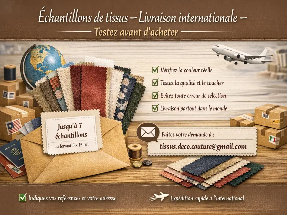 Image promotionnelle pour la demande d’échantillons de tissus avec livraison internationale. Titre : "Échantillons de tissus – Livraison internationale – Testez avant d’acheter". Visuels de petits morceaux de tissu (5x15 cm), enveloppe, globe terrestre, avion miniature, et checklist des avantages : vérifier la couleur, tester la qualité, éviter les erreurs, livraison mondiale. Adresse email visible pour faire la demande : tissus.deco.couture@gmail.com.