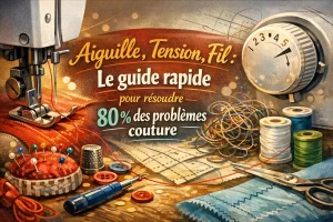 Image horizontale illustrant les éléments essentiels de la couture — aiguille, tension et fil — avec le titre « Le guide rapide pour résoudre 80 % des problèmes couture ».