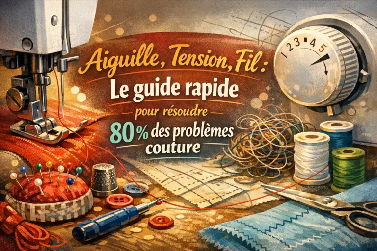 Image horizontale illustrant les éléments essentiels de la couture — aiguille, tension et fil — avec le titre « Le guide rapide pour résoudre 80 % des problèmes couture ».