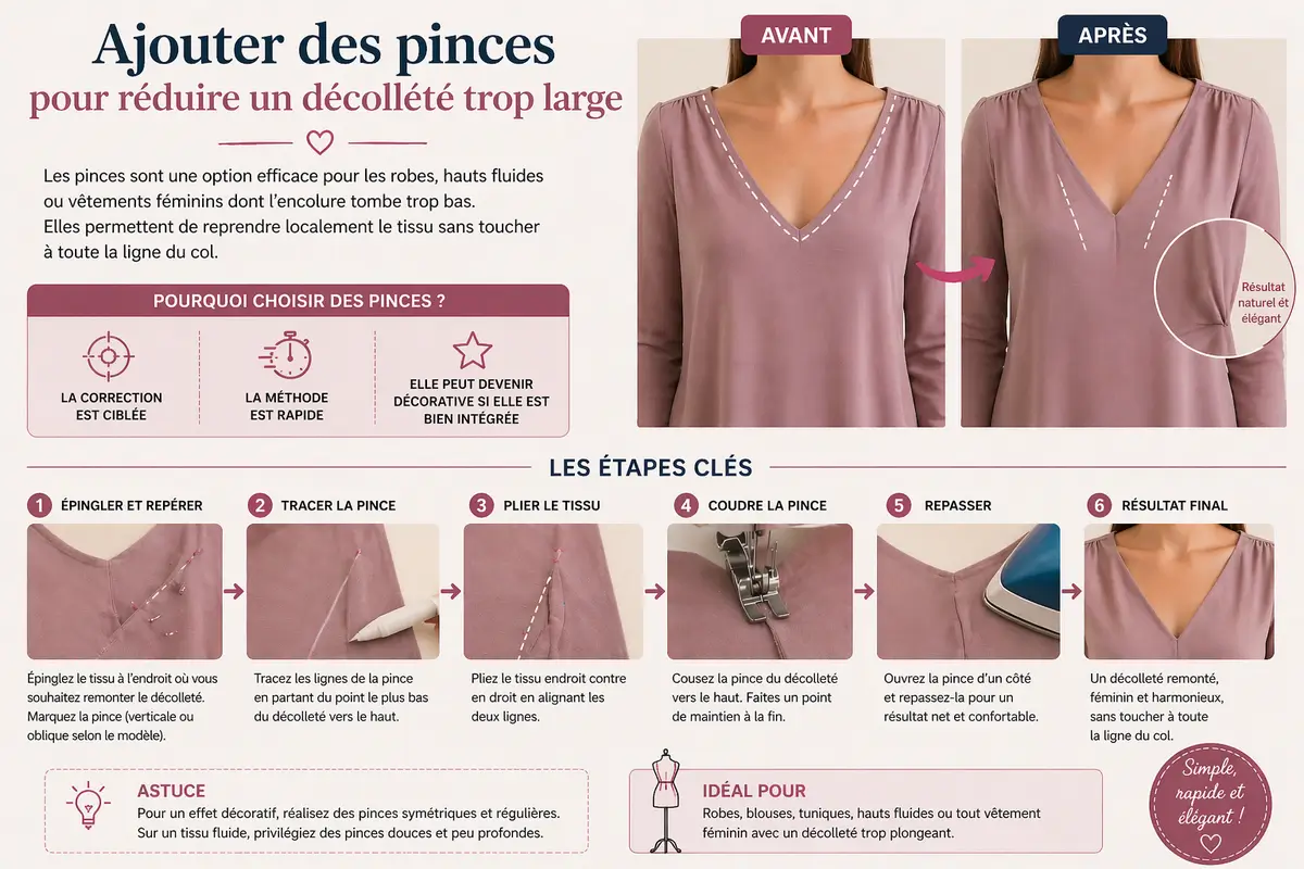 Infographie couture montrant comment ajouter des pinces sur une robe ou un haut fluide pour réduire un décolleté trop large de manière ciblée et discrète