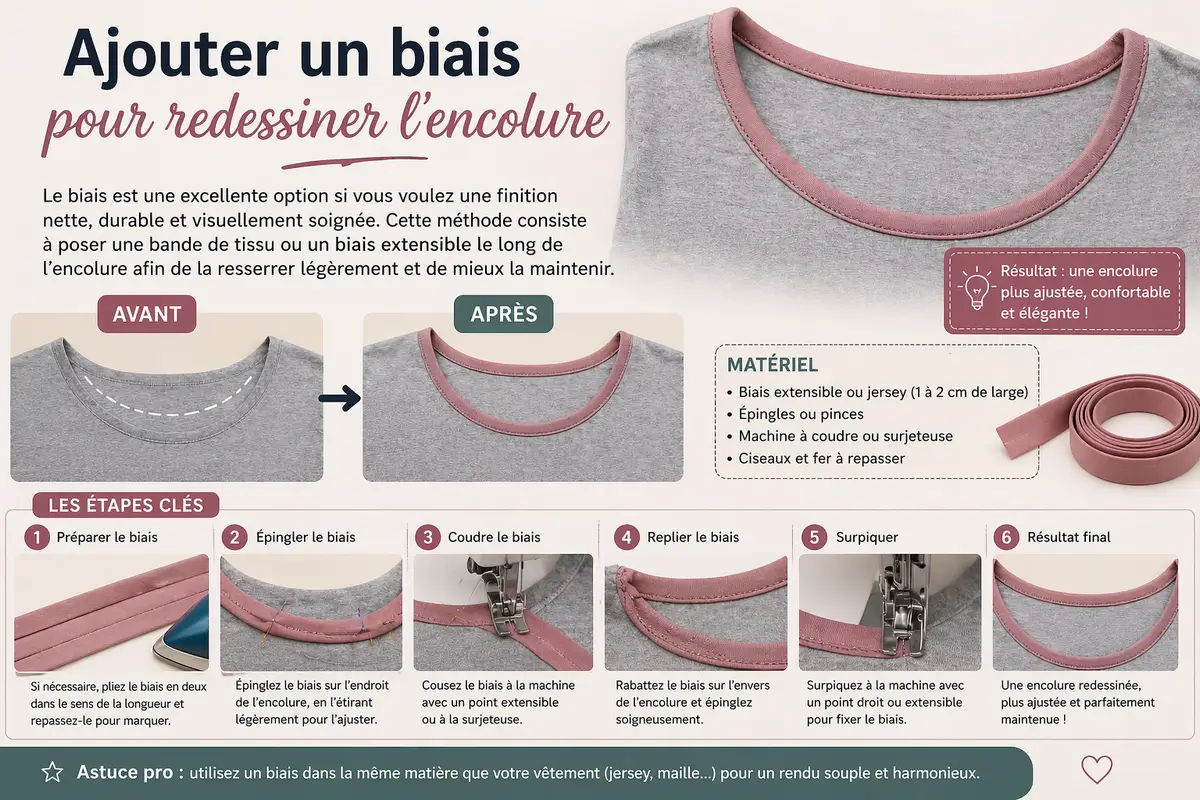 Image horizontale expliquant comment ajouter un biais extensible pour resserrer et redessiner une encolure trop large avec une finition couture propre