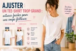 Image hero horizontale illustrant l’ajustement d’un tee-shirt blanc trop grand avec aperçu avant après, astuces couture simples, reprise des côtés, raccourcissement et cintrage pour une coupe plus flatteuse