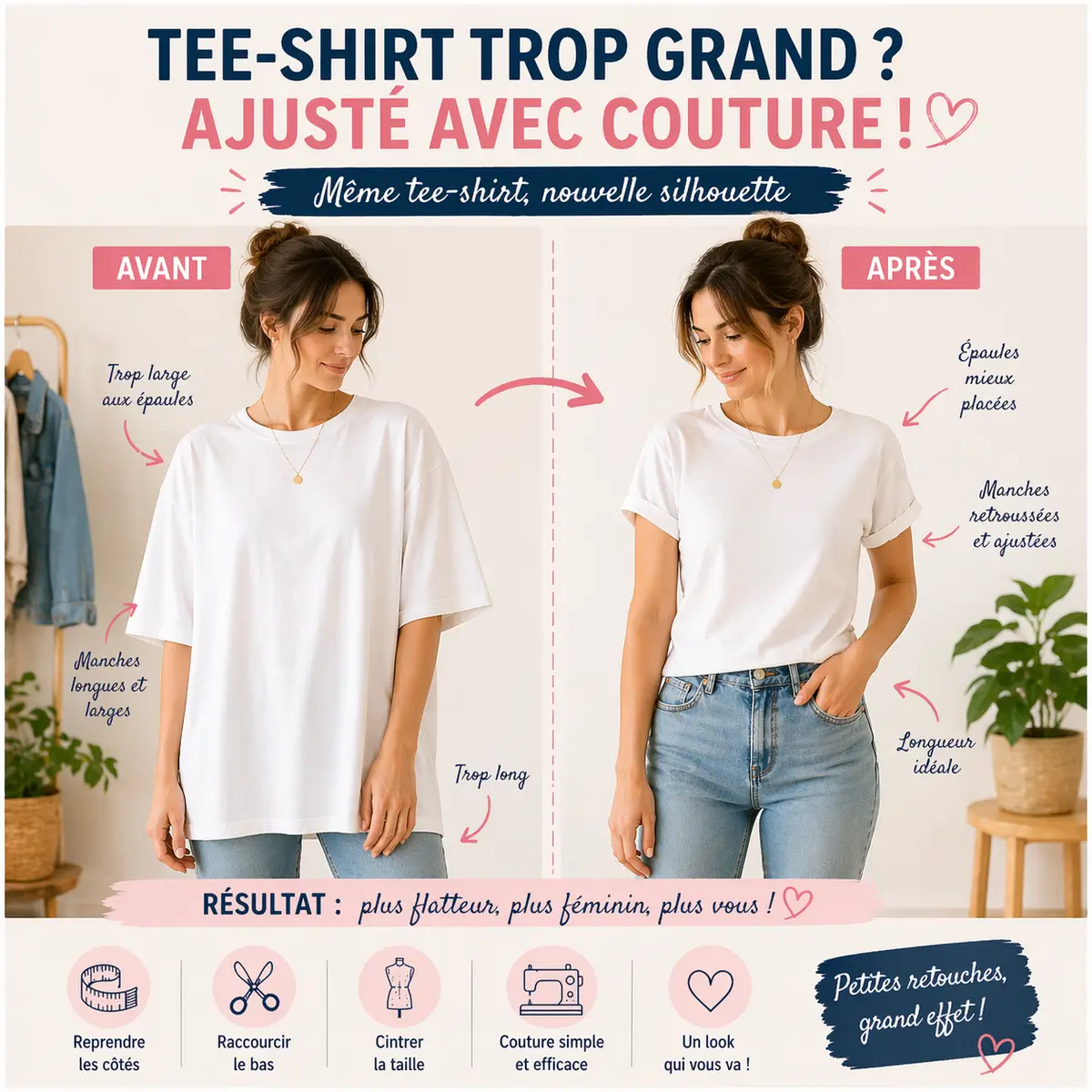 Ajuster un tee-shirt trop grand : astuces faciles pour une coupe flatteuse 7 avant apres ajuster un tee shirt trop grand avec couture simple et reprise des cotes