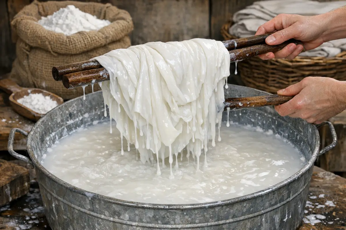 Tissu blanc plongé dans une cuve de Maïzena pour un amidonnage complet, le linge est soulevé avec des pinces en bois, dégoulinant de solution d’amidon épaisse.