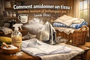 Illustration horizontale d’un atelier de couture avec fer à repasser, spray d’amidon maison, fécule de maïs et linge plié pour illustrer comment amidonner un tissu