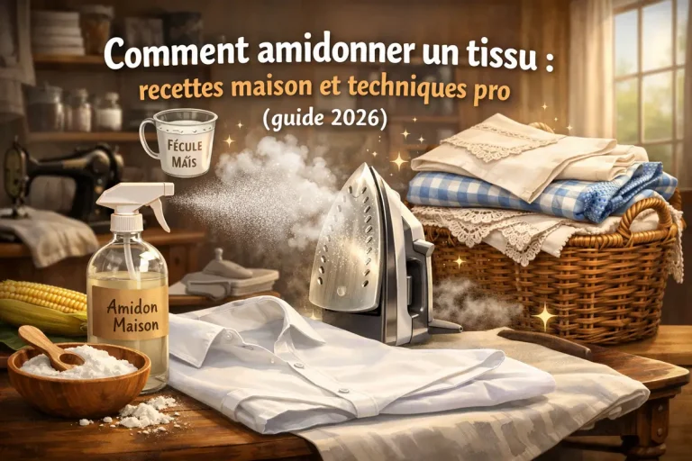 Illustration horizontale d’un atelier de couture avec fer à repasser, spray d’amidon maison, fécule de maïs et linge plié pour illustrer comment amidonner un tissu