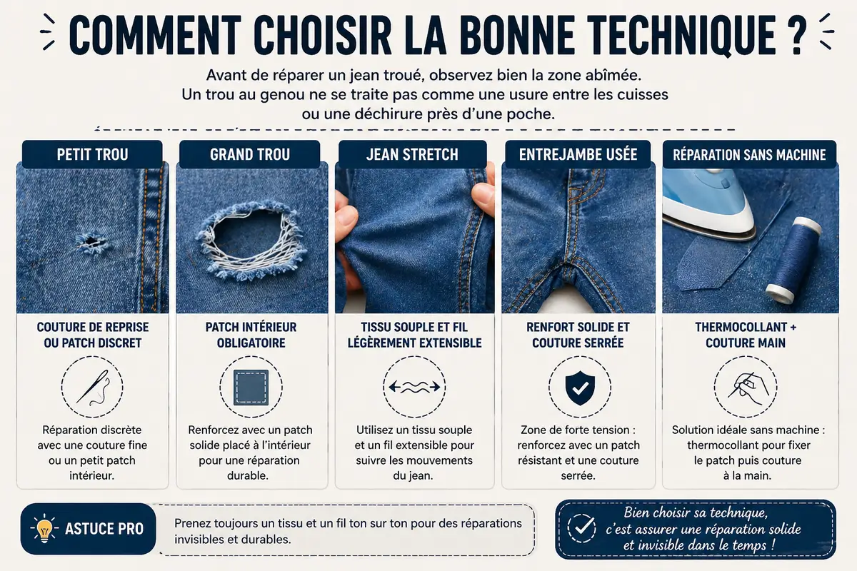 Infographie montrant quelle technique choisir pour réparer un jean troué selon la zone abîmée : petit trou, grand trou, jean stretch, entrejambe usée ou réparation sans machine