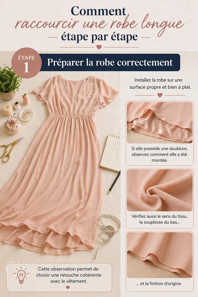 Comment raccourcir une robe longue sans abîmer le tissu : méthode facile et finitions selon la matière 3 Préparer une robe longue avant de la raccourcir sans abîmer le tissu