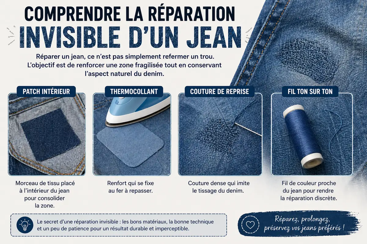 ALT : Infographie expliquant la réparation invisible d’un jean avec patch intérieur, thermocollant, couture de reprise et fil ton sur ton