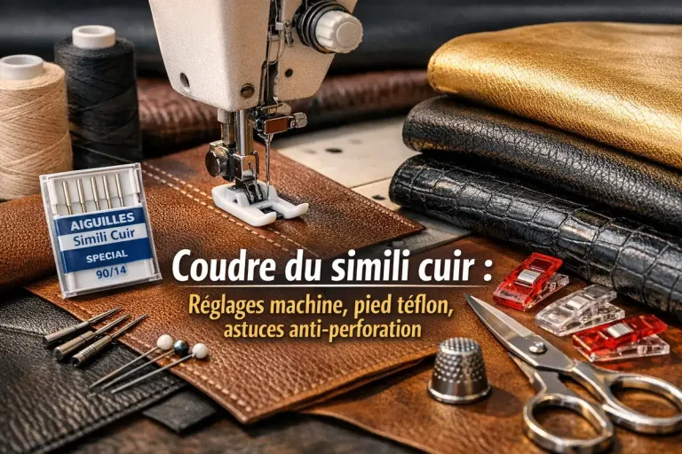 Machine à coudre avec pied téflon sur simili cuir, aiguilles spéciales, pinces et outils pour coudre du simili cuir sans trous