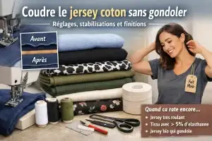 Coudre le jersey coton sans gondoler : ourlet avant/après, réglages machine et finitions pour t-shirt, robe et jogging