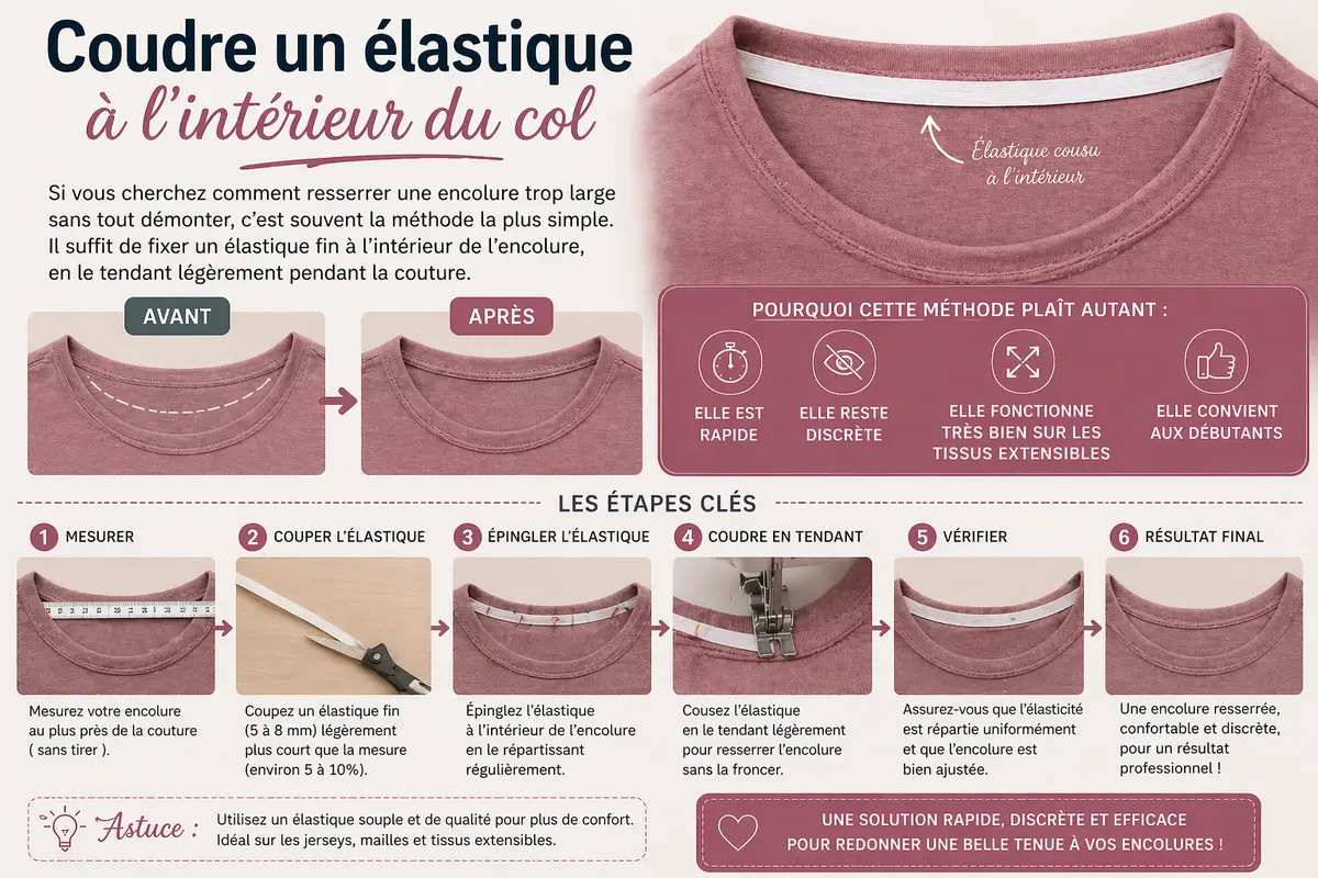 Infographie couture montrant comment coudre un élastique fin à l’intérieur d’une encolure trop large pour la resserrer discrètement sur un tissu extensible