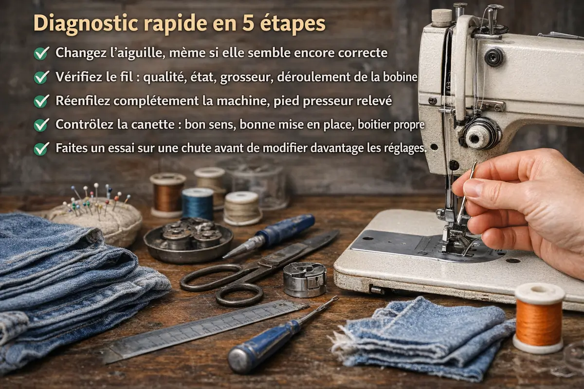 Diagnostic couture machine en 5 étapes pour vérifier aiguille, fil, canette, tension et test sur chute