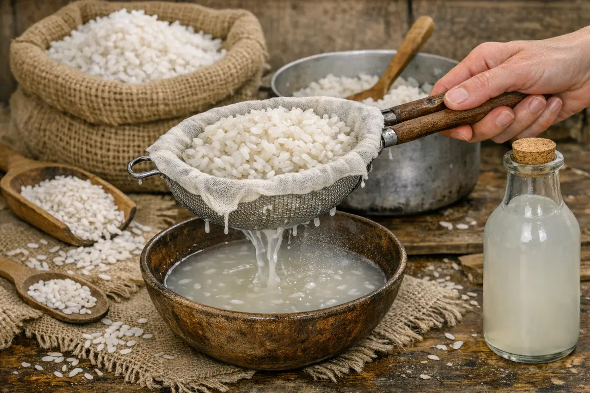 Préparation d’eau de riz pour amidonnage : riz cuit filtré dans un tamis au-dessus d’un bol en terre, le liquide blanc riche en amidon s’écoule doucement.