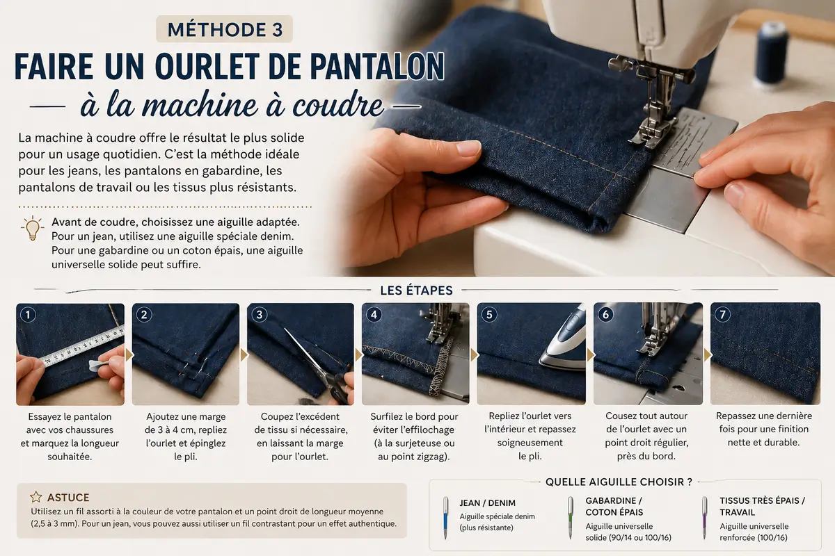 faire un ourlet de pantalon à la machine à coudre sur jean avec aiguille adaptée